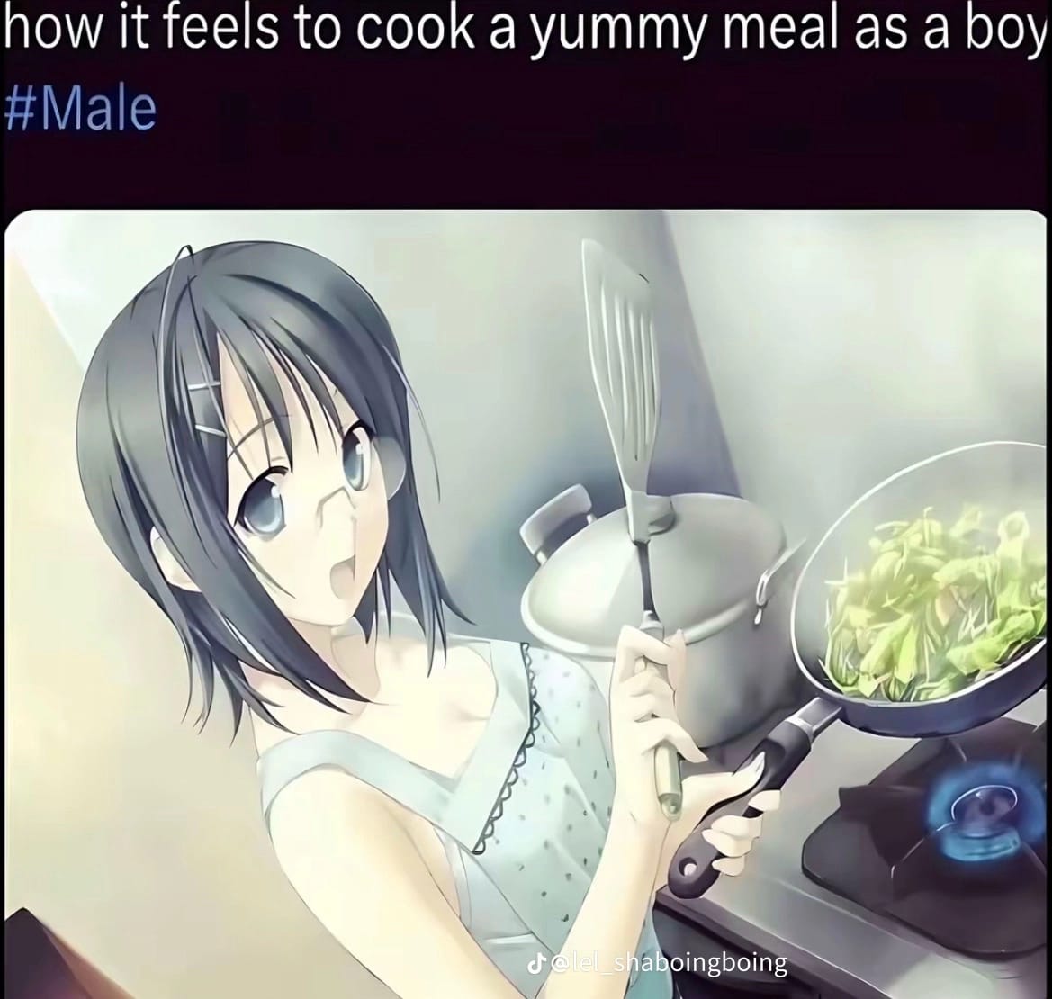 Meme cu o ilustrație anime despre gătit